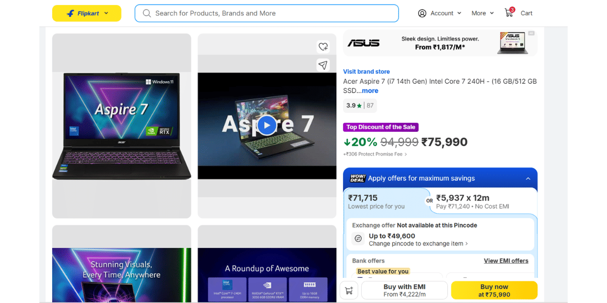 Purchase the Acer Aspire 7 at a great discount on Flipkart