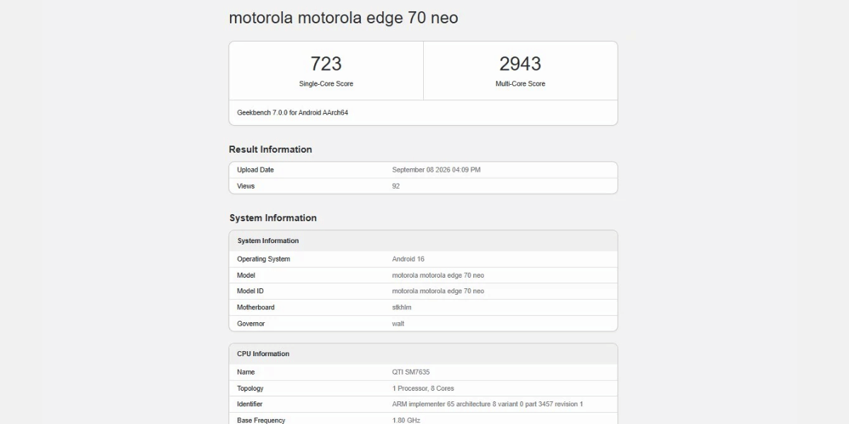 Motorola Edge 70 Neo Geekbench score