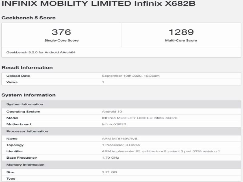 Infinix Hot 10 Geekbench