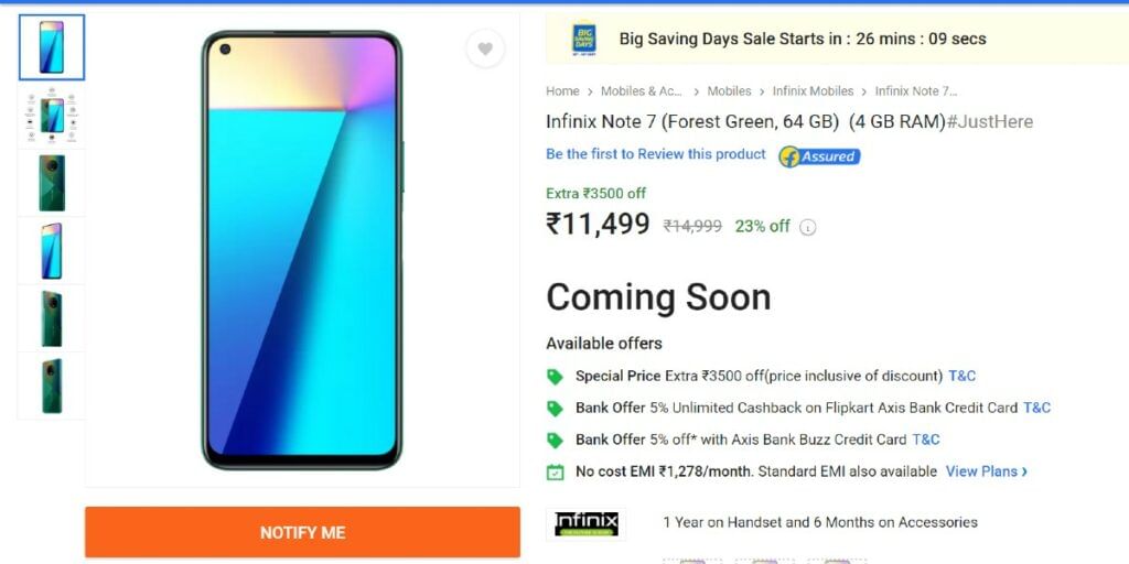 Infinix Note 7 Amazon Listing