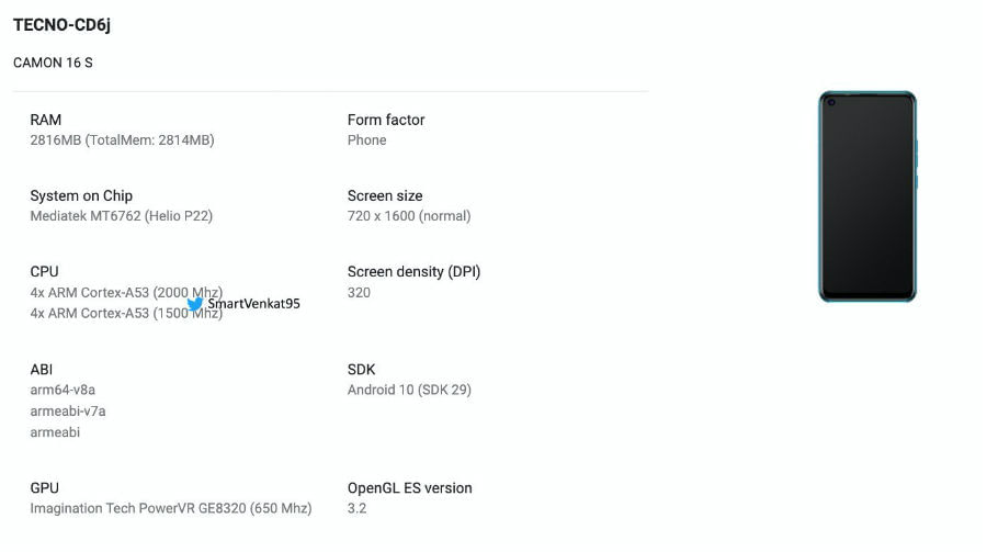 tecno camon 16s specifications
