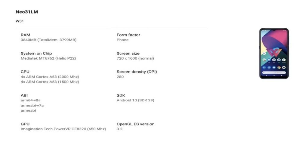 LG W31 Google Play Console Listing