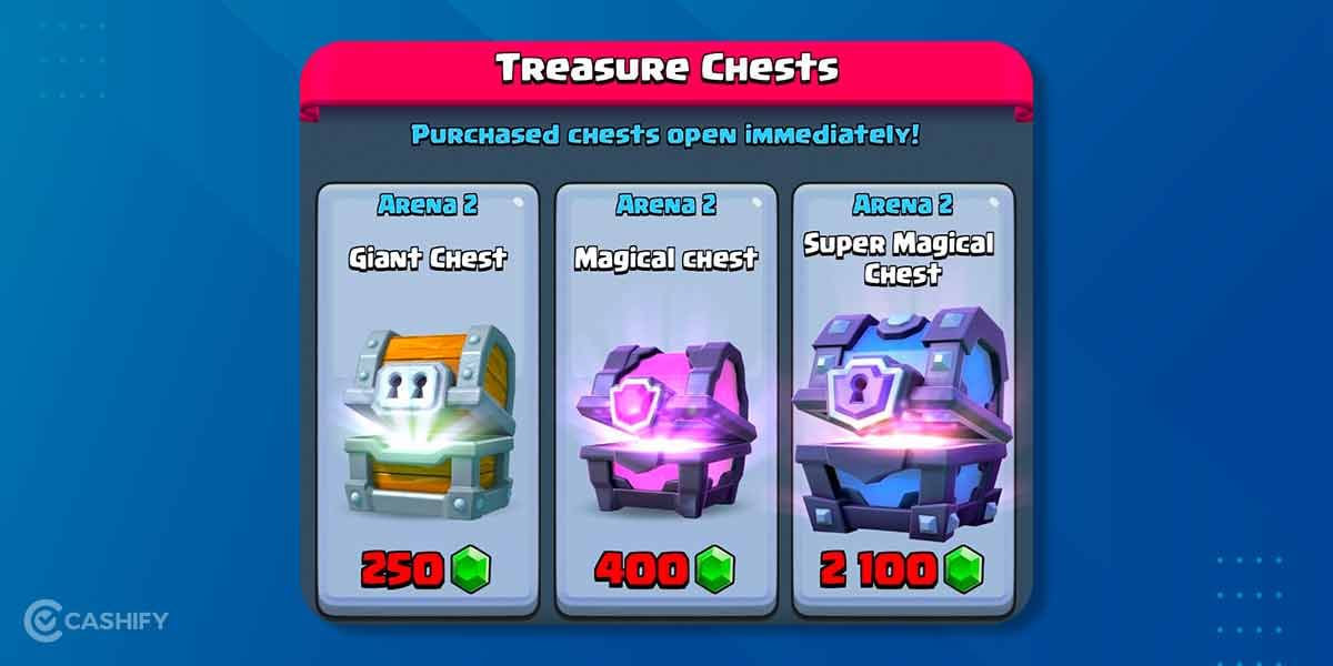 Open silver, crown, gold, giant, magical, and clan chests