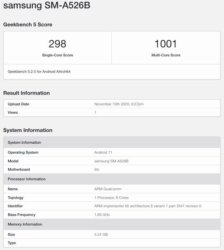 Samsung Galaxy A52 5G Geekbench Scores