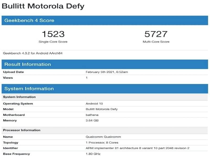 Motorola Defy - Geekbench Listing