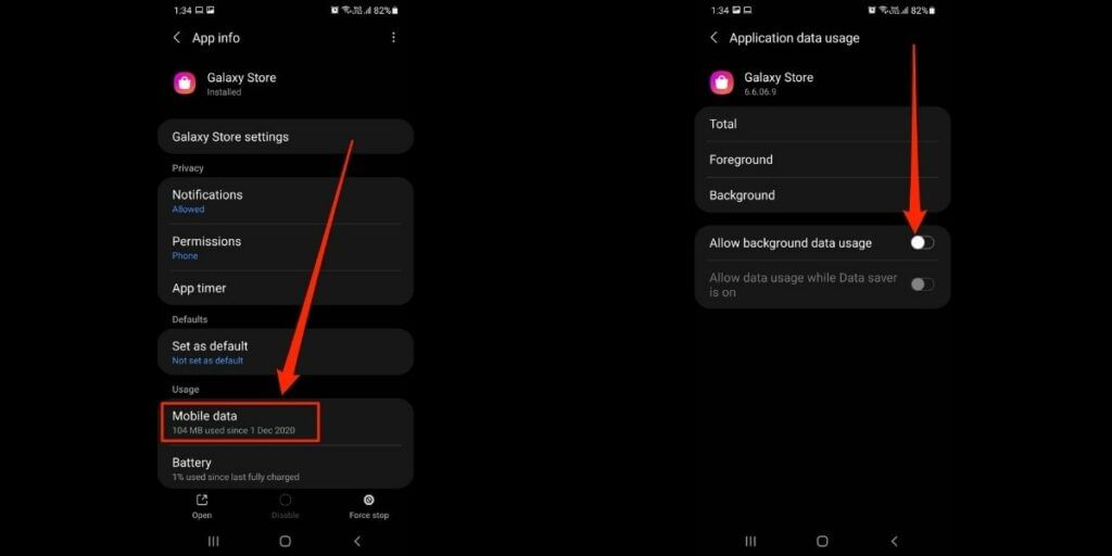 disable mobile data permissions samsung
