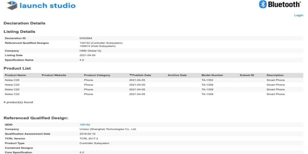 Nokia C20 bluetooth SIG