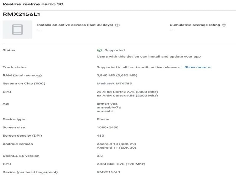 Realme Narzo 30 4G GPC Listing