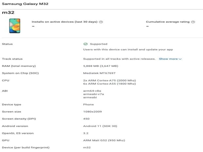 Galaxy M32 - google play console
