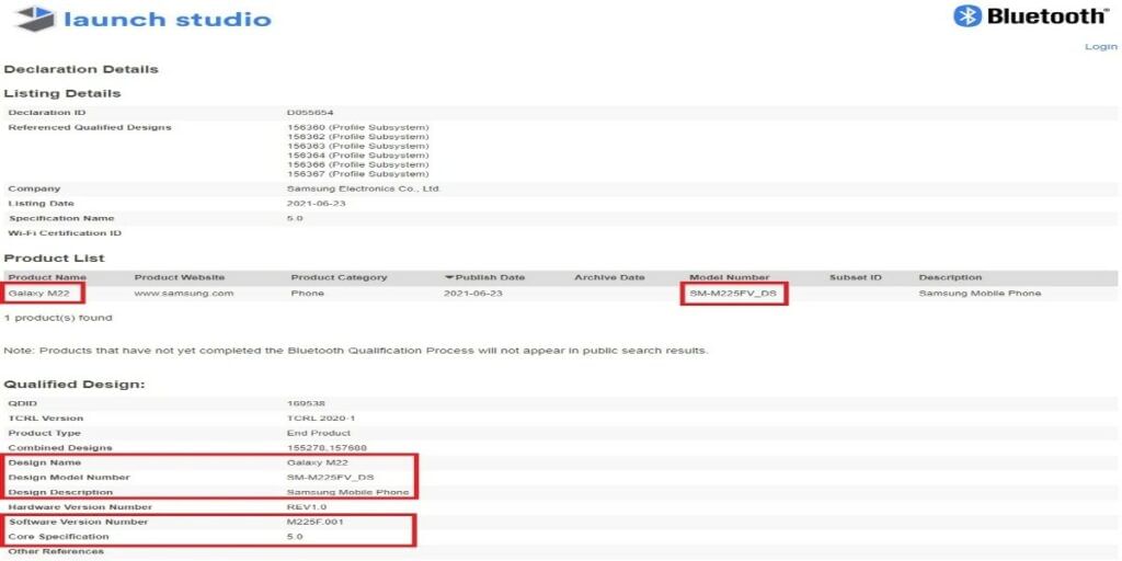 Bluetooth SIG Listing - Galaxy M22