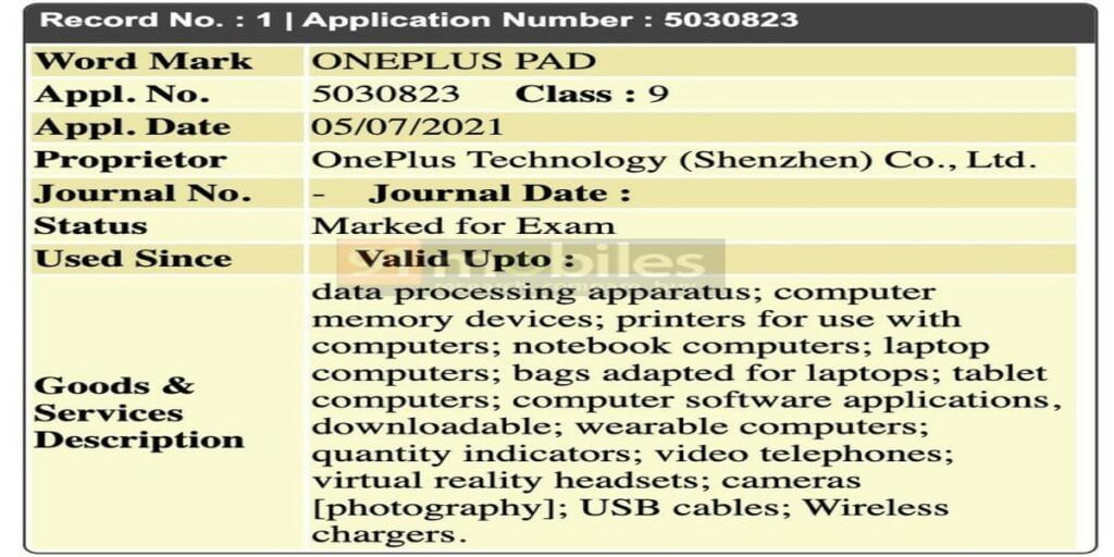 oneplus pad - india trademark filing