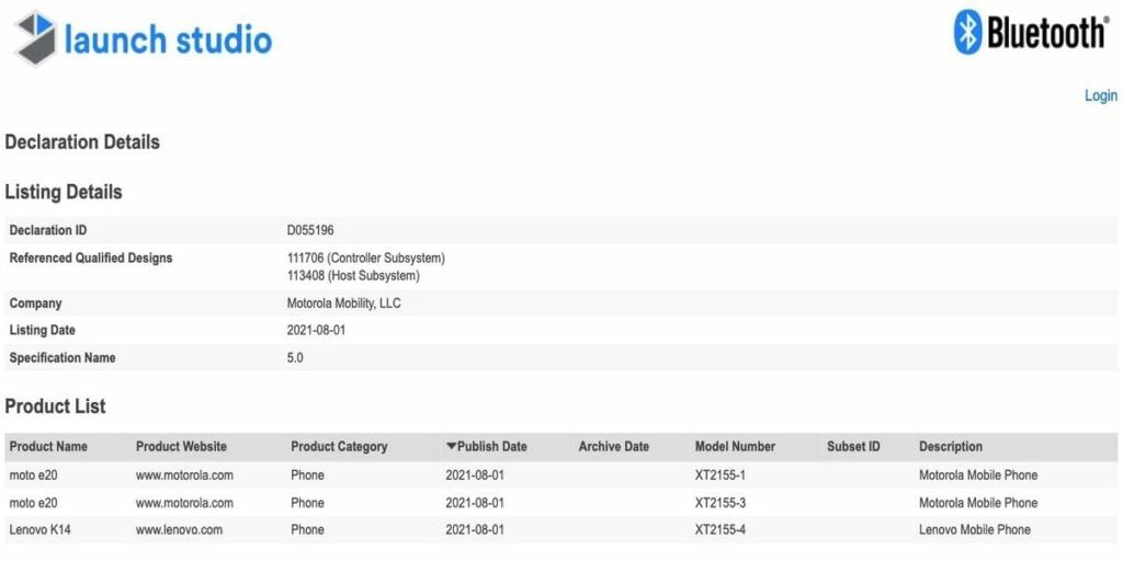 Moto E20 And Lenovo K14 Appear On The Bluetooth SIG Certification Website