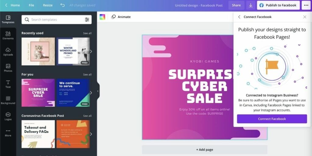 authenticate facebook to connect it with canva