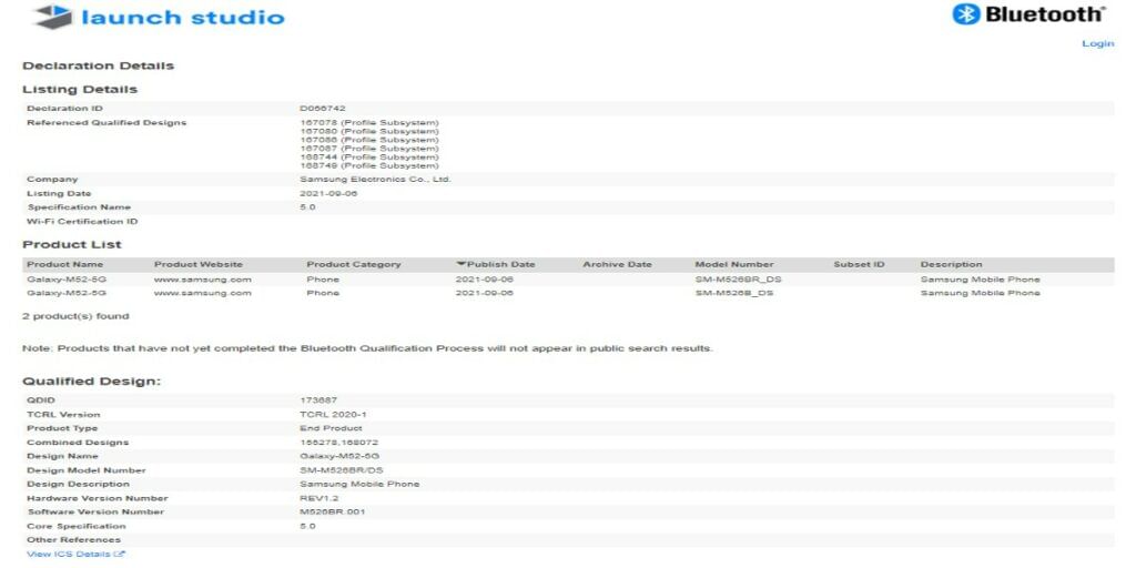 Samsung Galaxy M52 5G Bluetooth SIG Certification