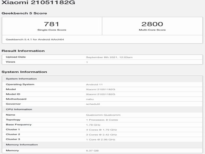 Xiaomi Pad 5 Geekbench Listing