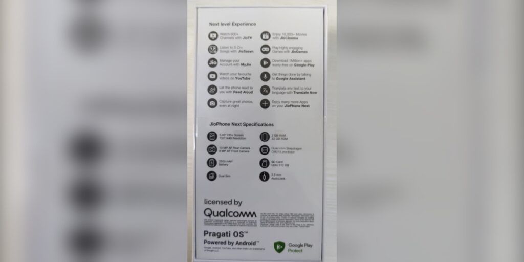JioPhone Next Live Box Image Specs