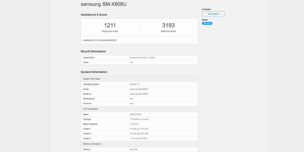 Samsung Galaxy Tab S8+ Geekbench Listing