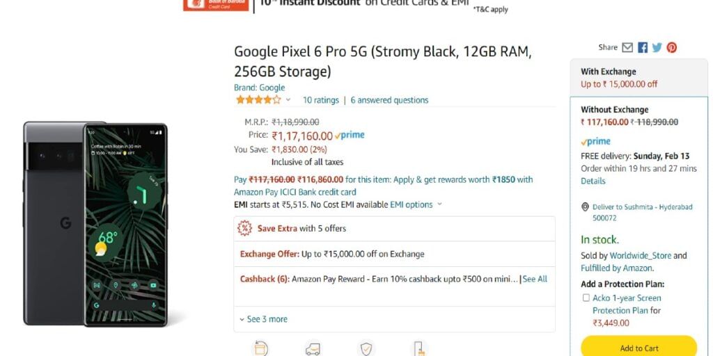 Amazon India Pixel 6 Pro Listing