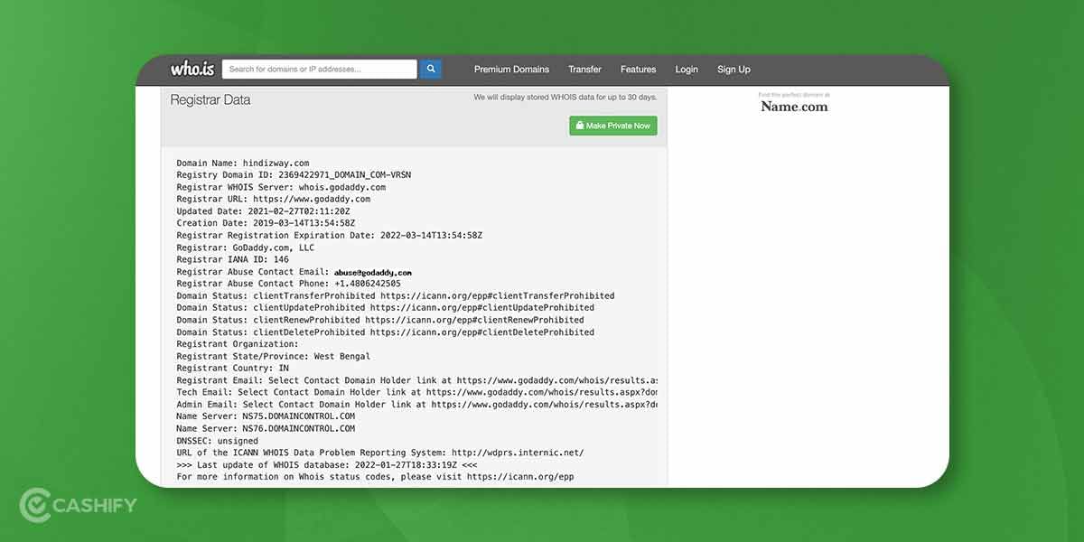 Hindizway Website Whois info