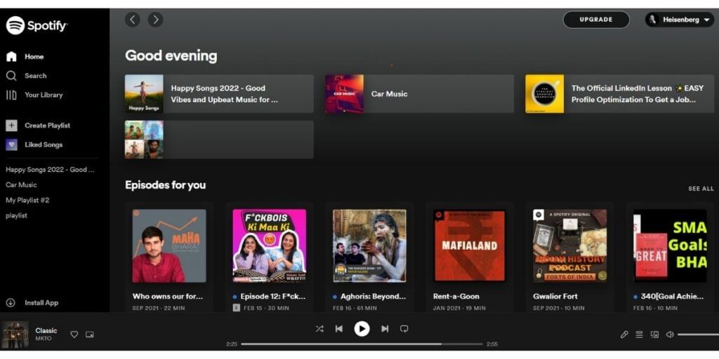 spotify web player home page