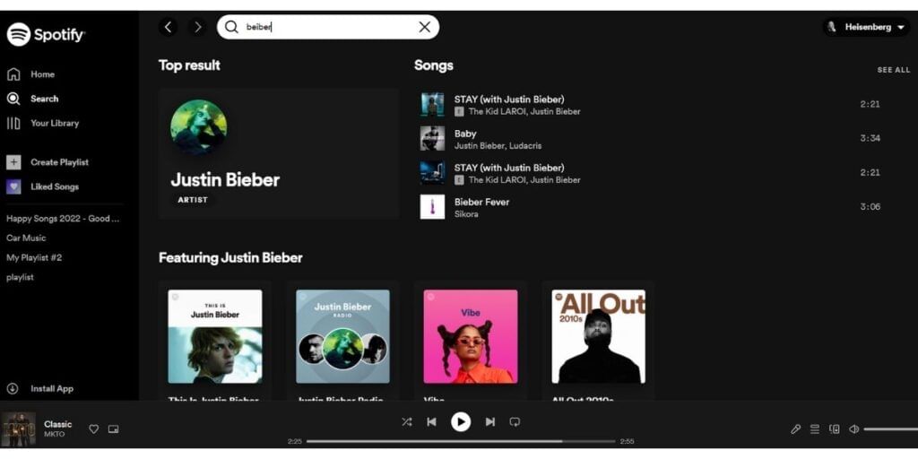 spotify web player search