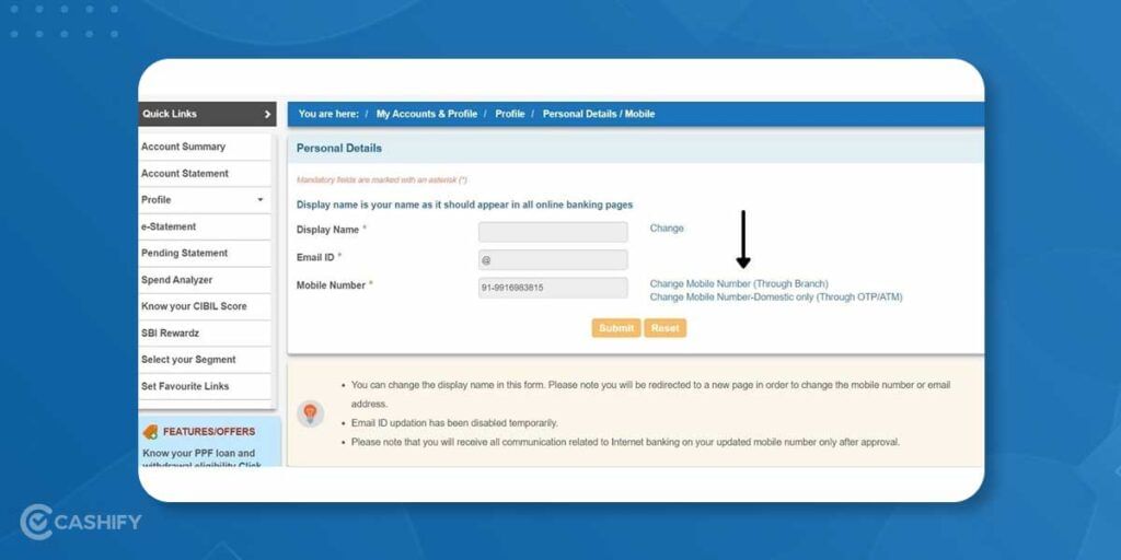 Change registered mobile number in SBI
