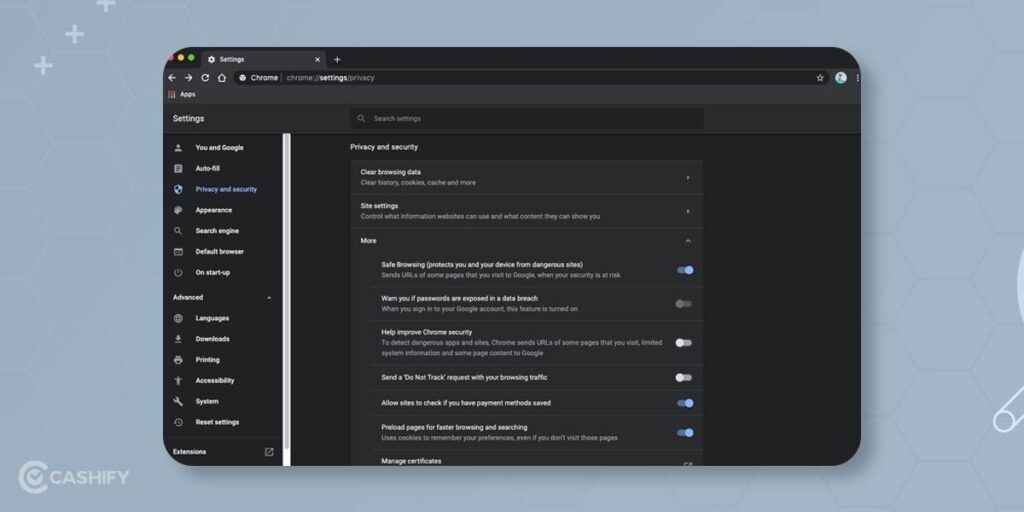 Check the security settings in Chrome