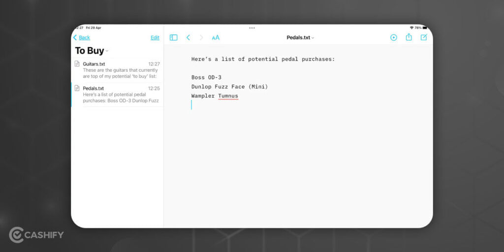 TextEdit iPad product list