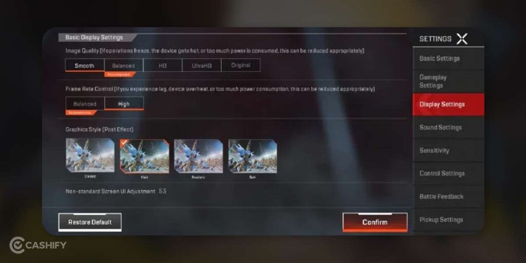 Display Settings option in Apex Legends Mobile