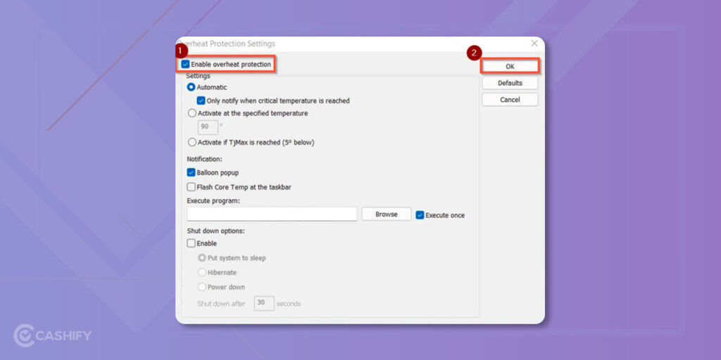 How To Check Laptop Temperature: Enable Overheat protection in Core Temp App