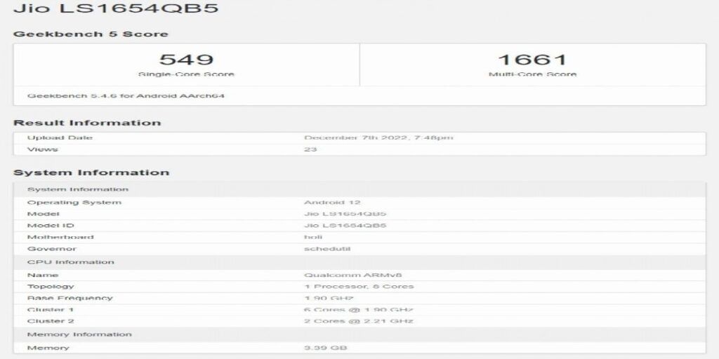 Geekbench Jio Phone 5G