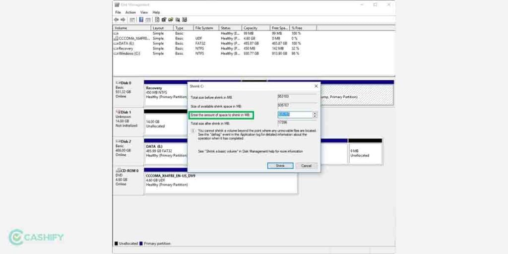 shrink volume to create new partition