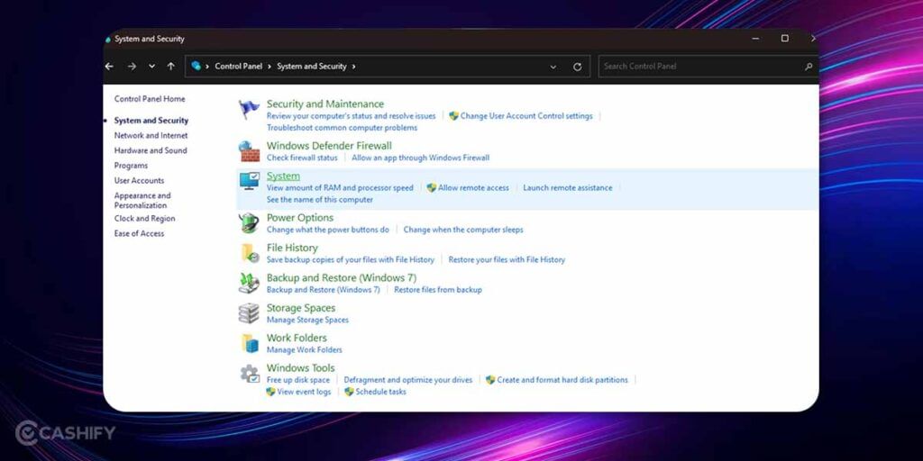 Windows Control Pannel settings