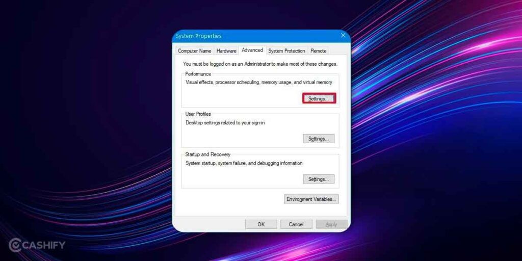 Advanced system settings windows