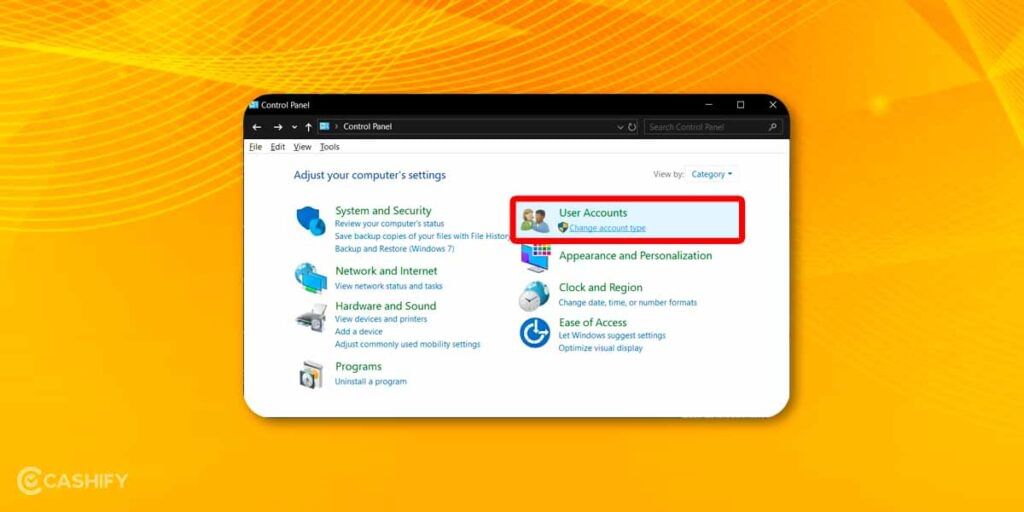 Modify user account using Control Pannel