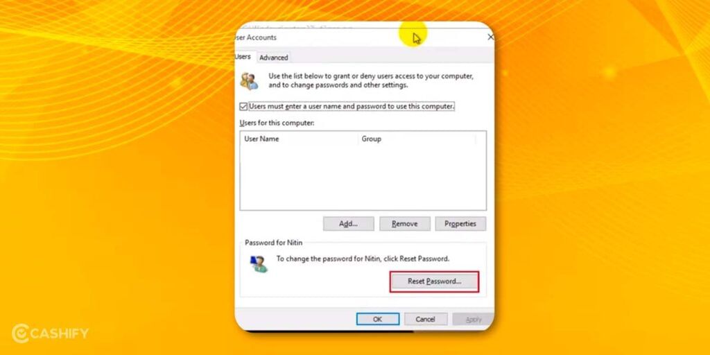 Windows User Account settings to reset password