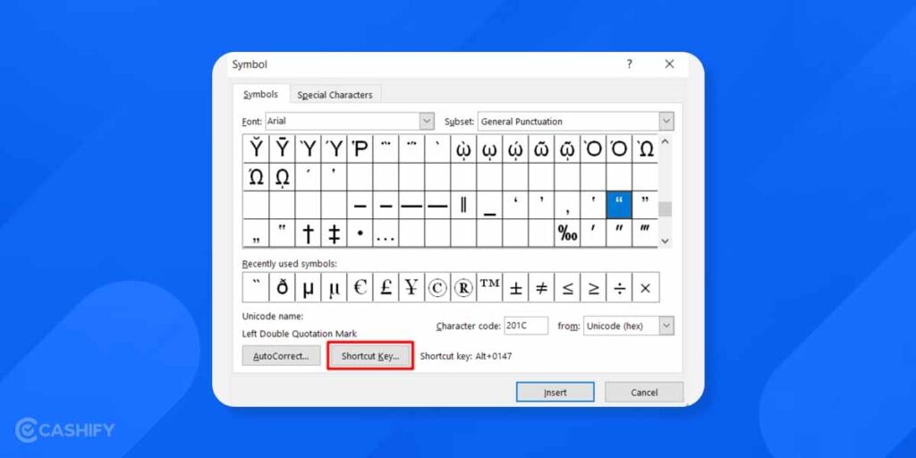 Set Shortcut for symbol