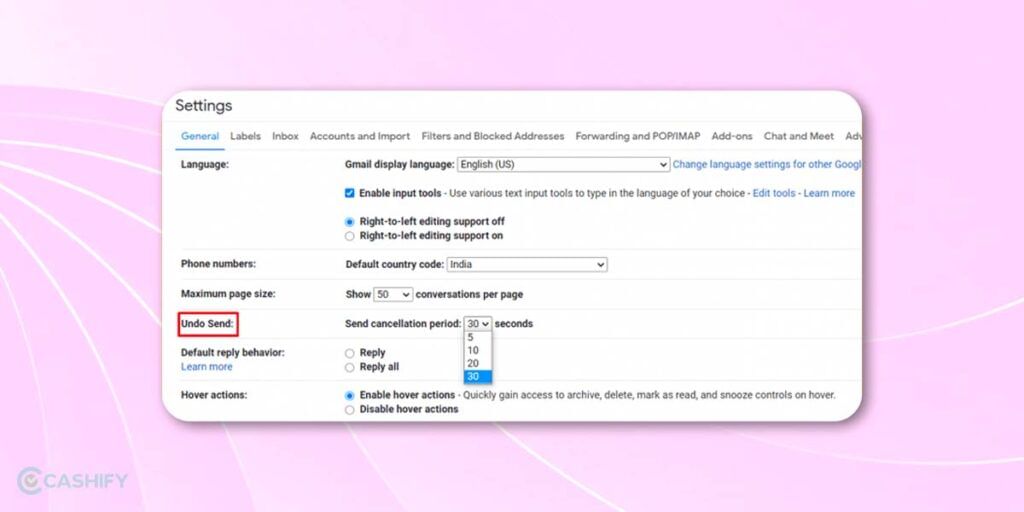 Undo sent email - see all settings