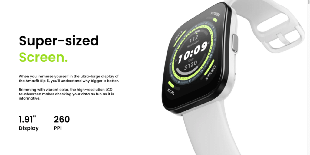 The Amazfit Bip 5 features a 1.91-inch LCD Display