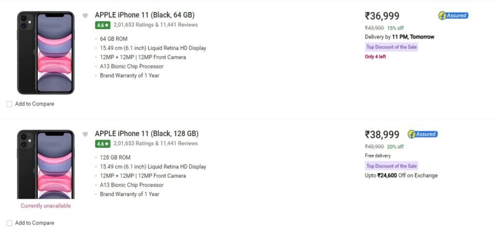 iPhone 11 Available for Rs.36,999 during Flipkart Big Billion Days Sale