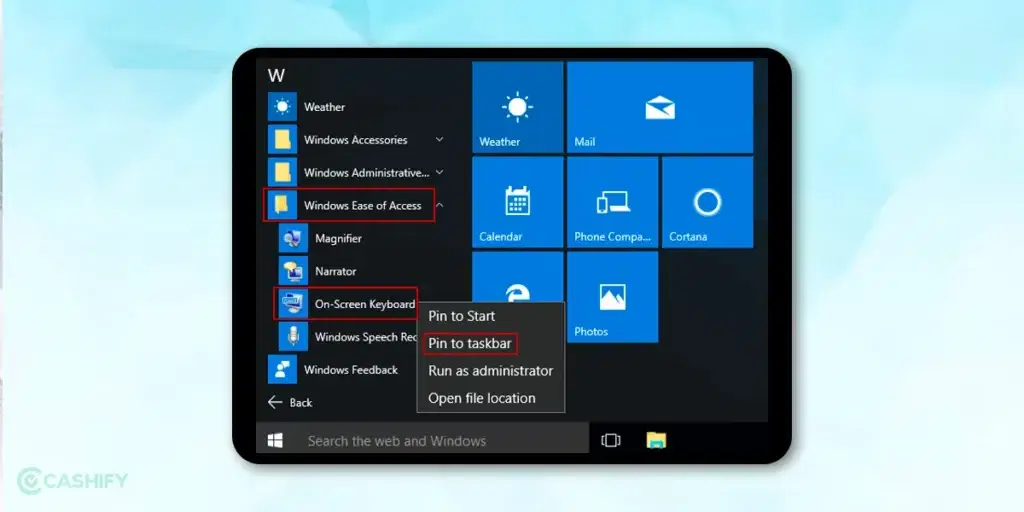 on screen keyboard shortcut:pin to taskbar