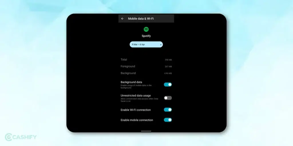 Allow unrestricted data for spotify is currently set to offline