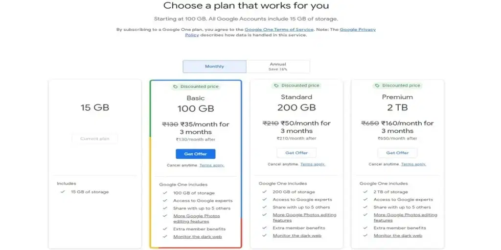 Google One Storage Plans