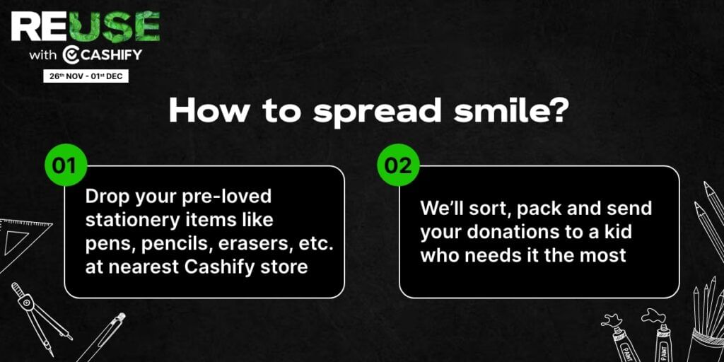 Steps to donate stationery in Cashify Reuse Campaign