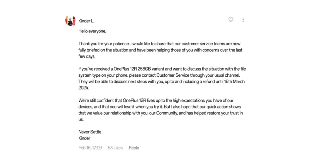OnePlus President has announced a OnePlus 12R buyers can seek refund