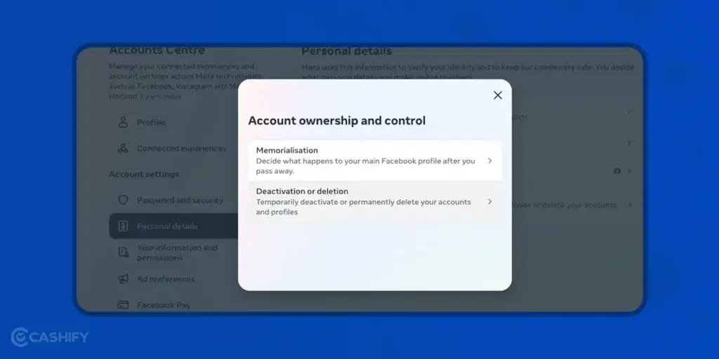 Facebook Account ownership and control menu
