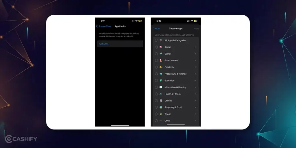 how to lock apps: add limit and choose categories to lock specific apps