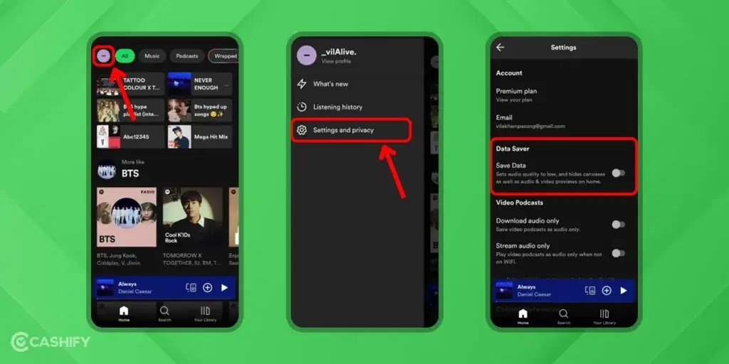Data Saver: Off - sound quality on Spotify