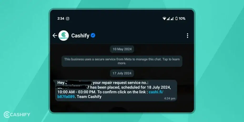 cashify repair confirmation message