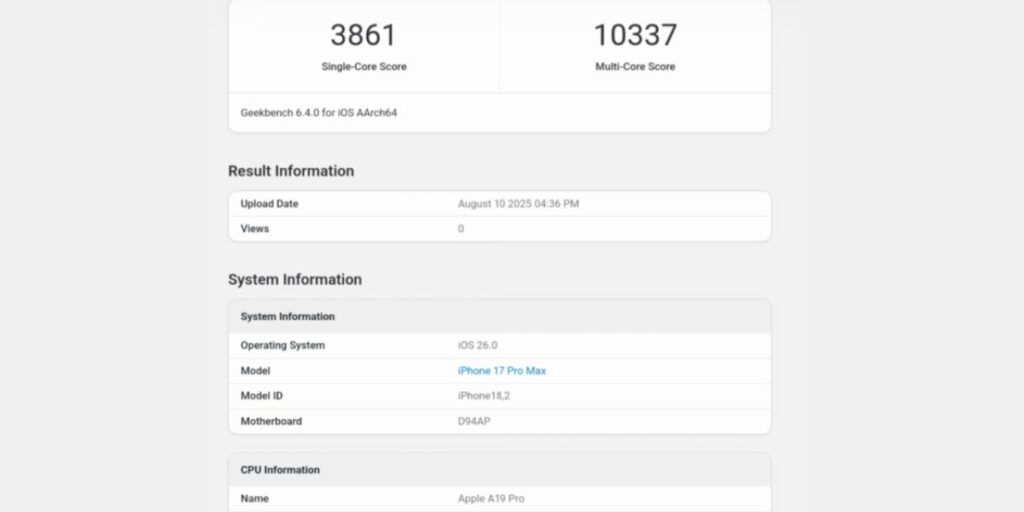 Apple A19 Pro Geekbench scores.